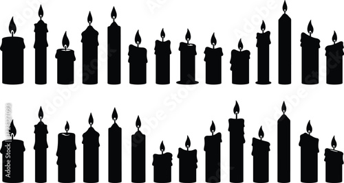 Candle silhouettes with burning flames, wax dripping, black vector collection, religious light, memorial illustration, spiritual candle design, decorative shadow artwork