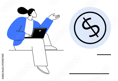 Woman seated with laptop gesturing toward dollar sign enclosed in circle. Ideal for finance, investment, savings, budgeting, financial planning, economy, digital banking. Simple flat metaphor