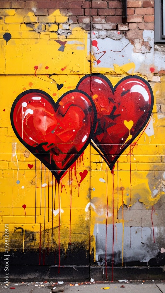 Obraz premium Vibrant Red Heart Graffiti Art on Textured Yellow Brick Wall.