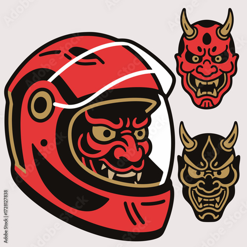 Highly Detailed Japanese Oni Mask Biker Character and Head Vector Set