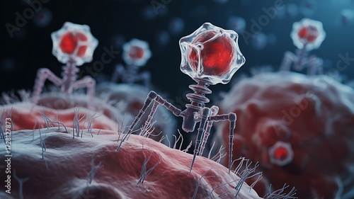 Bacteriophage virus attacking cell microscopic biology
