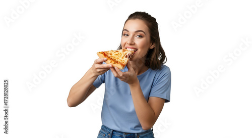 Woman eating a slice of pizza isolated on transparent background