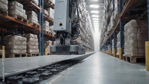 Automated warehouse robot navigating aisles
