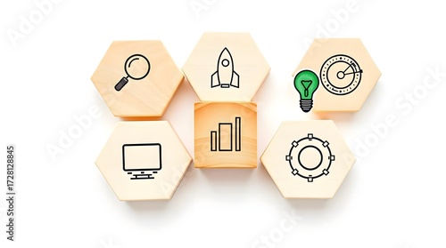 Flat lay honeycomb wooden blocks with business strategy icons and hand placing green lightbulb