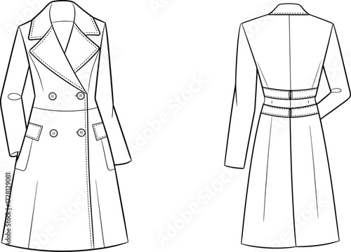 Classic women’s trench coat vector template, long double breasted overcoat fashion flat sketch, tailoring garment design front and back illustration