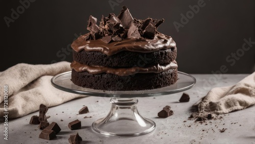 Chocolate cake on a glass stand