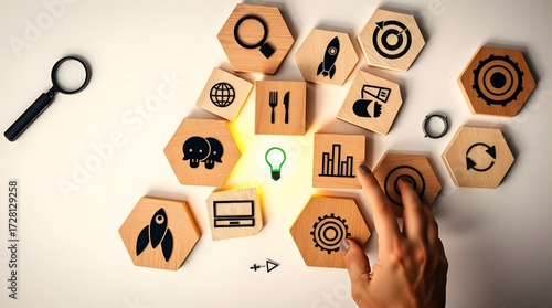 Flat lay honeycomb wooden blocks with business strategy icons and hand placing green lightbulb