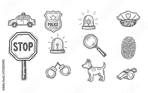Collection of law enforcement themed sketch icons including police car badge siren stop sign and more elements