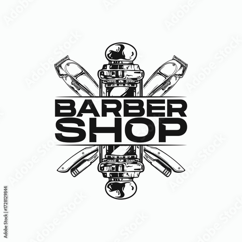 Elegant vintage barbershop logo design featuring classic barber pole and clippers for branding, posters, and promotional materials that evokes retro style