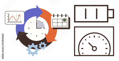Clock surrounded by colored arrows, gears, calendar with a task checkmark, bar and speed gauges. Ideal for project planning, task management, time efficiency, productivity, workflow optimization