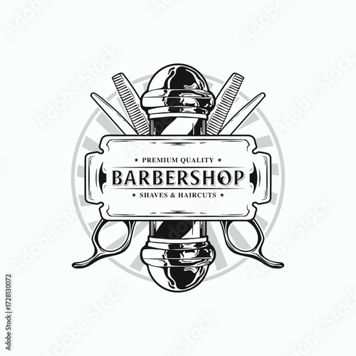 Classic barbershop logo design element offering premium quality shaves and haircuts, perfect for vintage brand identity and masculine product packaging