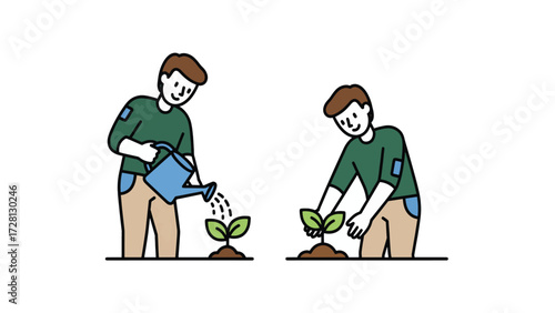 A person diligently watering a young plant and tending to soil, illustrating growth and nurturing.