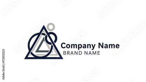 Abstract geometric logo featuring interlocking triangles and circles, representing a company or brand identity with placeholder text.
