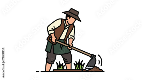 A farmer in historical attire diligently cultivates the soil with a hoe, working the land and tending to crops.