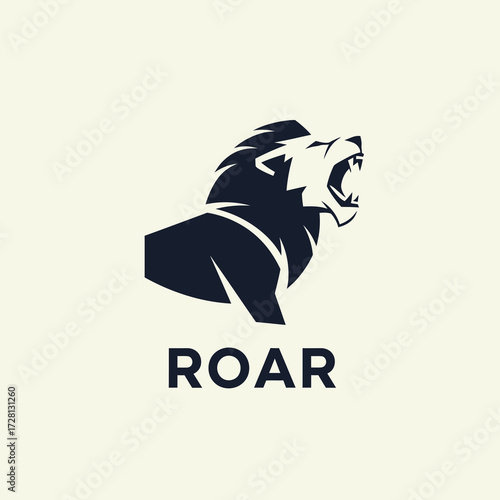 A stylized dark silhouette of a roaring lion's head and upper body, with the word "ROAR" displayed below in bold, dark lettering.