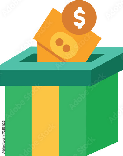 Donation box with money isolated on white background, vector illustration