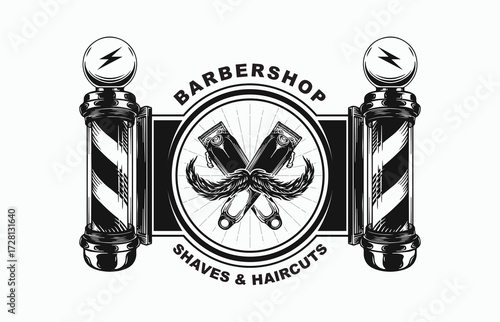 Classic barbershop emblem featuring barber poles, clippers, and a distinguished mustache, perfect for branding vintage men's grooming services.