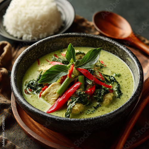 Authentic Thai Green Curry with Chicken (Kaeng Keow Wan Gai) served with fresh basil, red chilies, and jasmine rice on a dark background.
