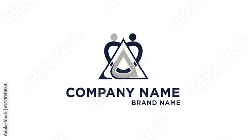 Abstract logo design featuring two stylized figures forming a heart shape above a triangle with internal geometric elements and placeholder text for company and brand names.