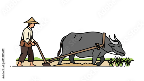 A farmer wearing a conical hat guides a water buffalo plowing a field, preparing the soil for planting.