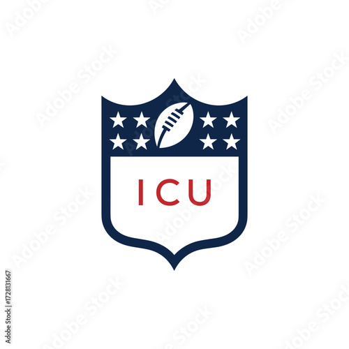 ICU American Football Logo Design. ICU Modern Sports Shield Emblem with Stars and Ball for Football Club ICU Tournament and Team Branding.
