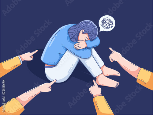 depression, stress, bullying, anxiety, social stigma, emotional pressure with distressed person sitting on the ground with a scribbled thought bubble above head, surrounded by pointing hand