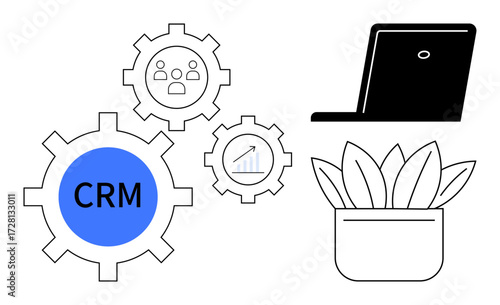 CRM gears with data chart, team icon, black laptop, potted plant reflect optimization, teamwork, technology, growth, workspace efficiency sustainability. Ideal for business strategy workflow
