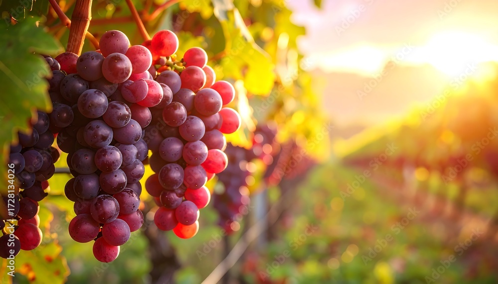 Fototapeta premium Clusters of plump red grapes hanging in a vineyard at sunset