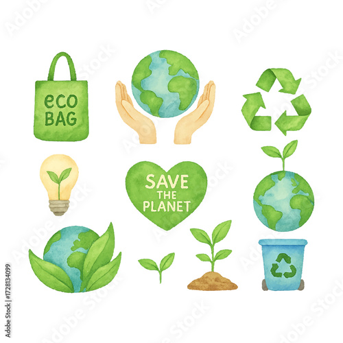 set of green eco earth energy environment watercolor vector clipart