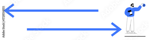 Two horizontal blue arrows pointing in opposite directions with a man holding a globe. Ideal for business, strategy, decision-making, progress, global vision, guidance, simple flat metaphor