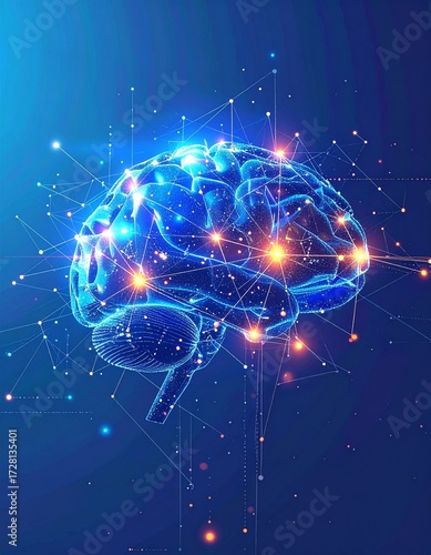 digital neural network with glowing data connections, 