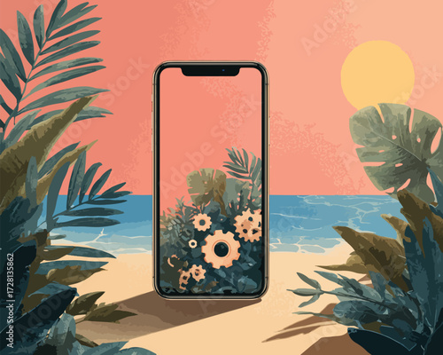 스마트폰 화면 속 아름다운 자연 풍경이 펼쳐지는 여름 해변의 낭만적인 순간