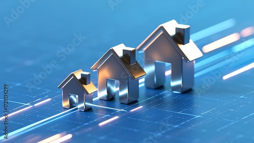 Silver house icons showcasing growth and progress in real estate investment against a futuristic blue backdrop