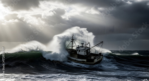 Fototapeta Naklejka Na Ścianę i Meble -  Fishing Boat Navigating Rough Seas Under Dramatic Cloudy Sky