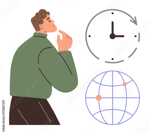 Person lost in thought, nearby clock indicating passage of time and globe signifying global reach. Ideal for time management, strategy, planning, global perspective, decision-making, future