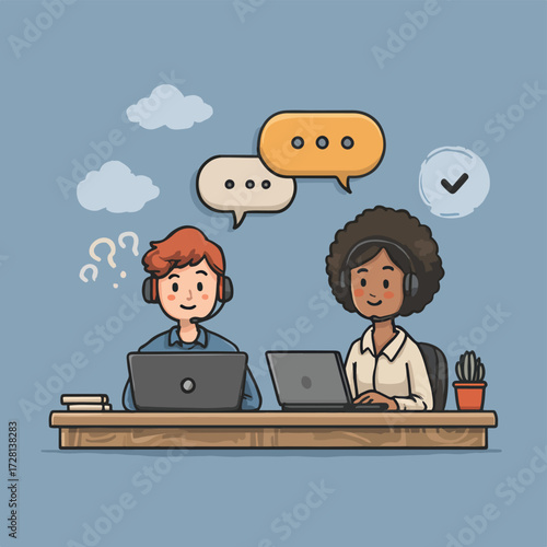 고객 지원 센터 상담원들이 노트북으로 고객의 문의에 답변하는 모습을 담은 벡터 일러스트레이션입니다.