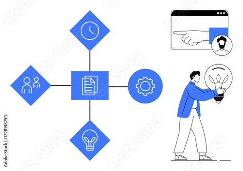 Central document connected to team, clock, gear, and bulb icons. Person holding lightbulb and pointing hand window. Ideal for teamwork, planning, innovation, workflow management decision-making