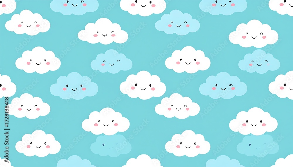 Fototapeta premium Seamless pattern of cute cartoon clouds with happy faces on a light blue background