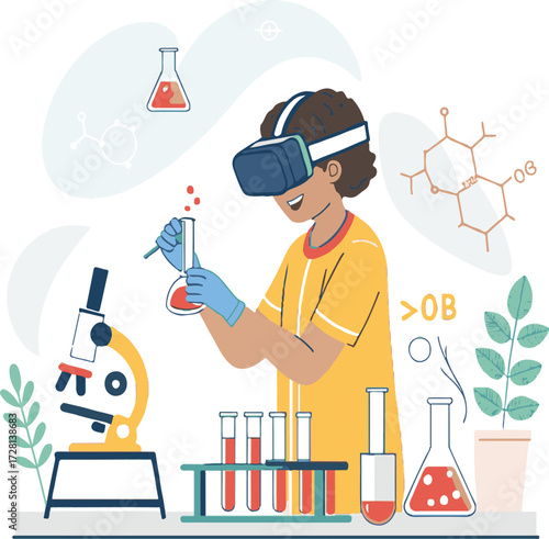Scientist working in laboratory with test tubes icon set