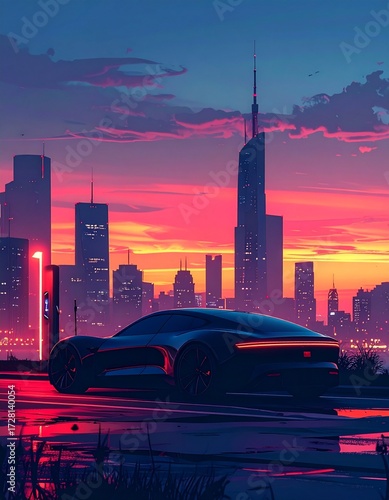 electric vehicle silhouette with charging station, 