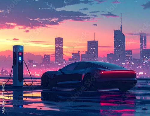 electric vehicle silhouette with charging station, 