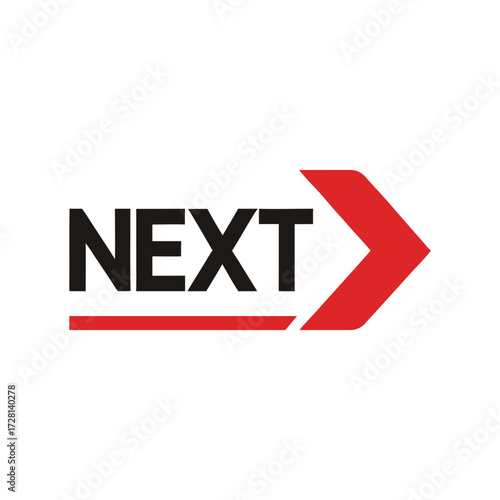 Black text N E X T with red arrow symbol and red line next word