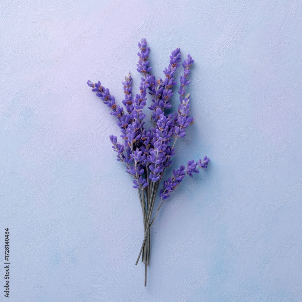 Fototapeta premium Fragrant lavender bouquet on light blue background offers a calming, natural touch for branding, spa promotions, or wellness campaigns