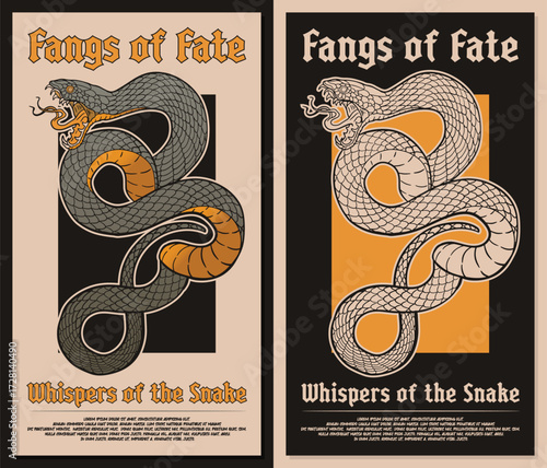 Vintage fierce snake illustration Japanese Asian style for t-shirt print, poster, logo, and reptile fans