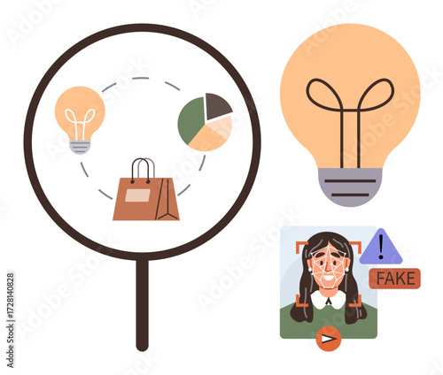Magnifying glass examining shopping bag, chart, and lightbulb icons facial recognition analysis marking fake content. Ideal for cyber security, AI, tech innovation, online fraud, e-commerce