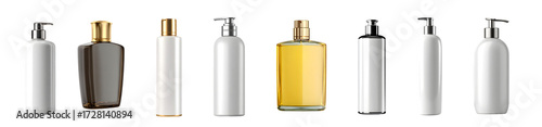 Set of realistic cosmetic bottles and containers for beauty products.