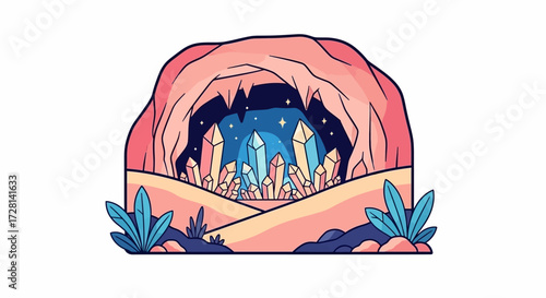 Enchanted Crystal Cave: A whimsical illustration of a cavern filled with shining gemstones beneath