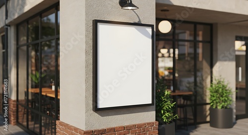 Blank sign on a pillar outside a cafe or shop for advertising and marketing