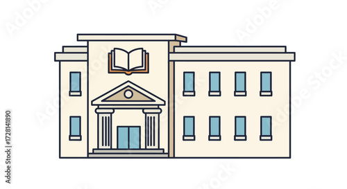 Stylized illustration of a municipal building with a book symbol depicting knowledge and education