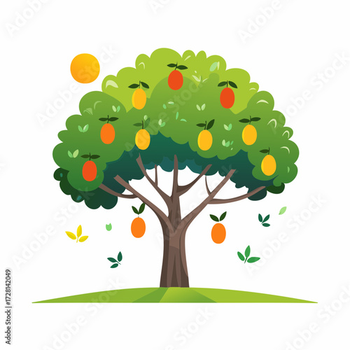 Vibrant Fruit Tree Illustration with Orange and Yellow Fruits.